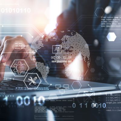 Technical support customer service concept, software engineer using laptop computer with customer support and global network, internet technology, it support, digital system service