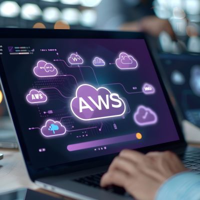 man working on a laptop with AWS web services holographic digital business hub device