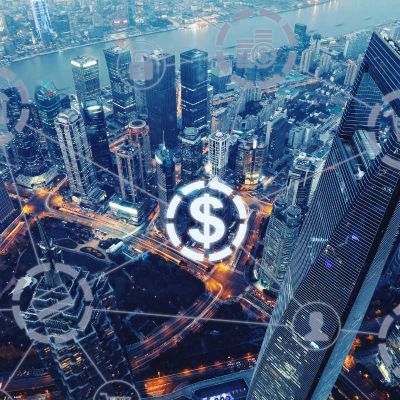 Buildings with banking and financial services concept overlay