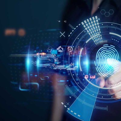 Identity and access management concept with finger pointing to finger print